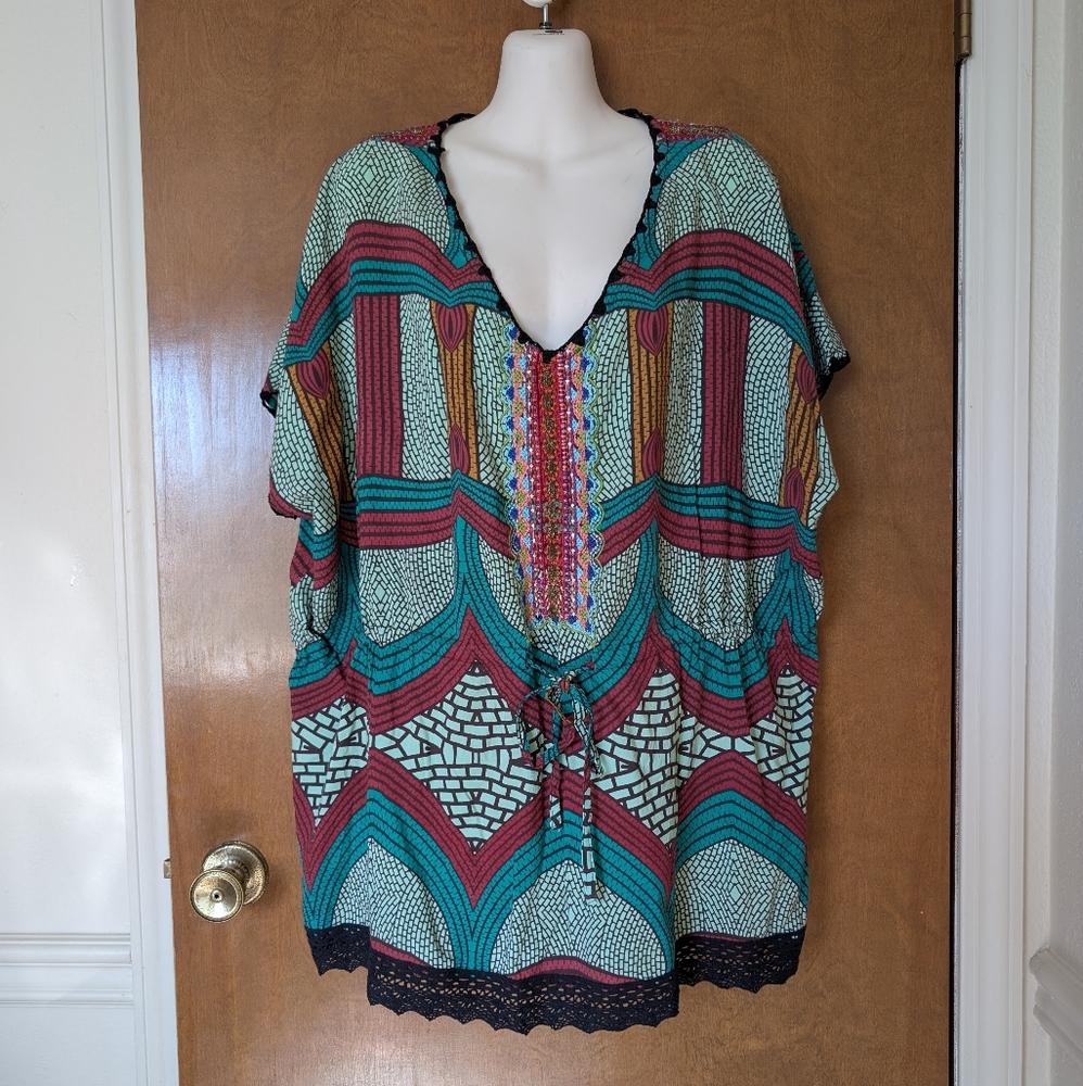 Custo Barcelona Tribal Print Beaded Embroidered Cinch Waist Oversized Top Blouse